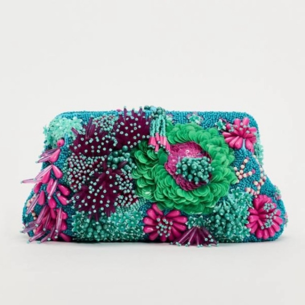 ZARA Blue Beaded Sequin Coral Floral Clutch Handbag NWT